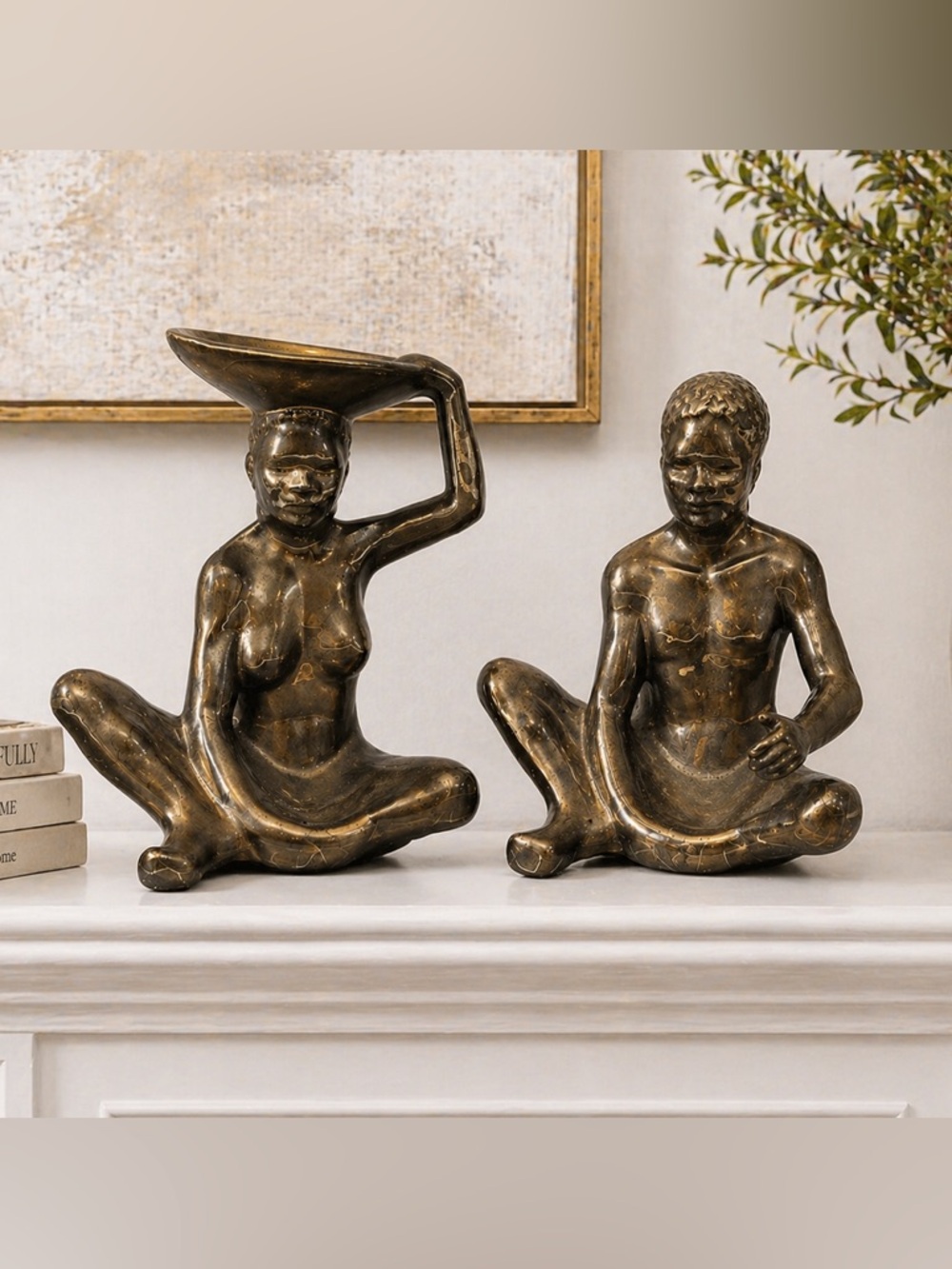 Anthro Style Tribal Sculptural Figurine Pair Metallic Bronze Decor